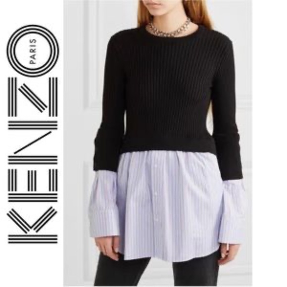 KENZO PARIS LAYERED RIBBED COTTON BLEND KNIT AND COTTON POPLIN SWEATER SHIRT MED - Picture 1 of 10